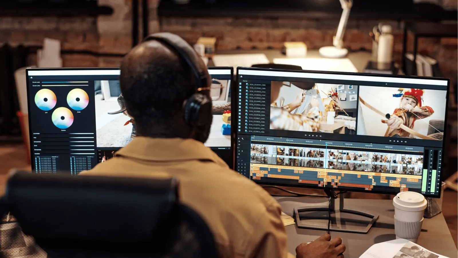 Back view of person editing video on dual monitors with coffee and headphones for approval workflow