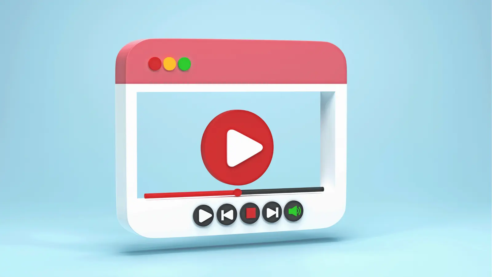 3D browser window with large red play button and media controls for scheduling