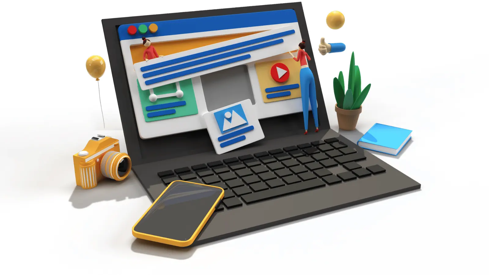 Three-dimensional illustration of a laptop displaying a colorful website mockup and tools