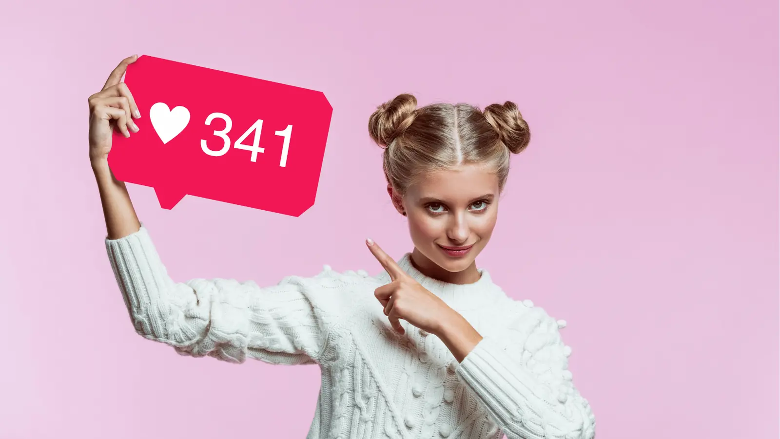 Young woman holding a social media like bubble showing 341