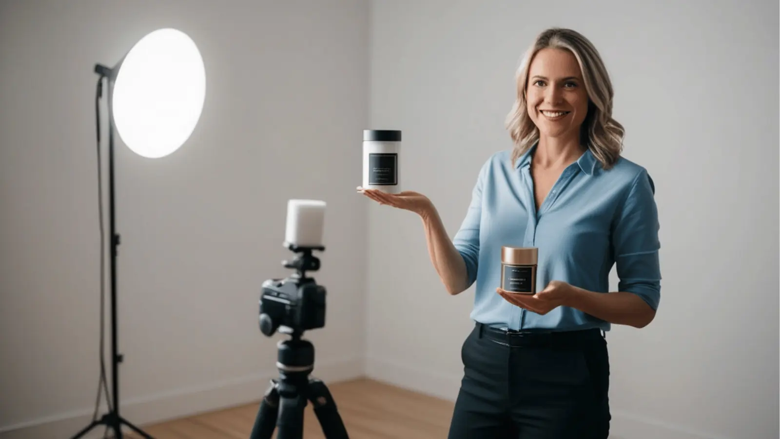 Smiling woman in studio demonstrating two jar products in front of camera for community management