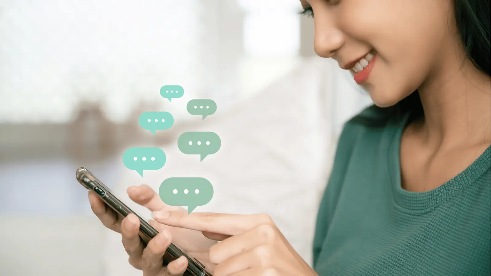 Woman smiling and typing on smartphone with floating chat icons for automation