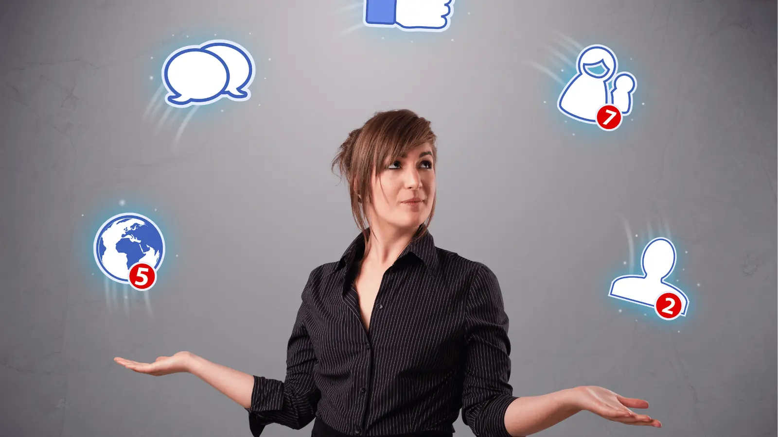 Woman holding hands out with floating social media notification icons around her for publishing