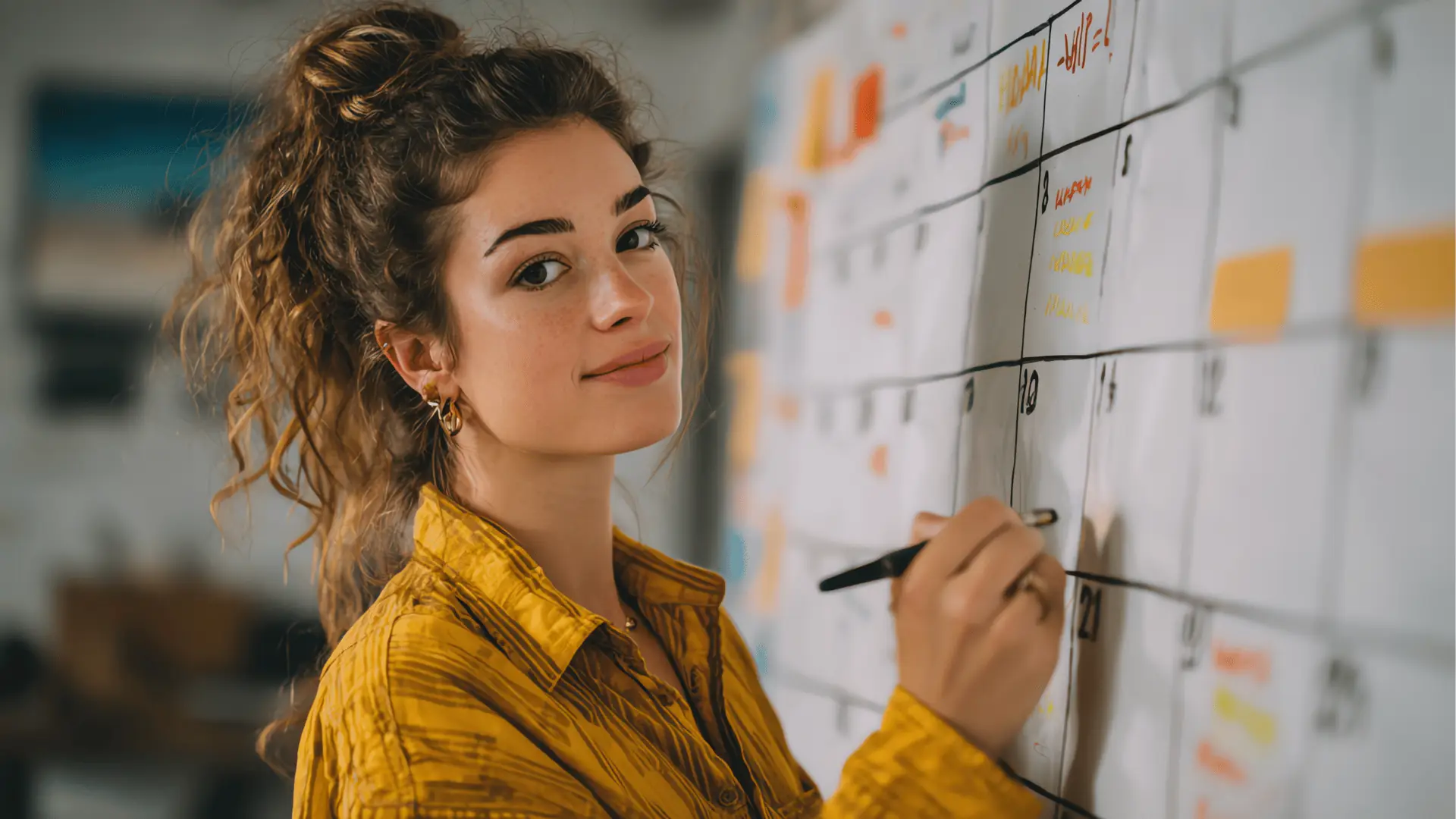 Young woman writing on a large wall calendar with marker for AI-assisted workflow