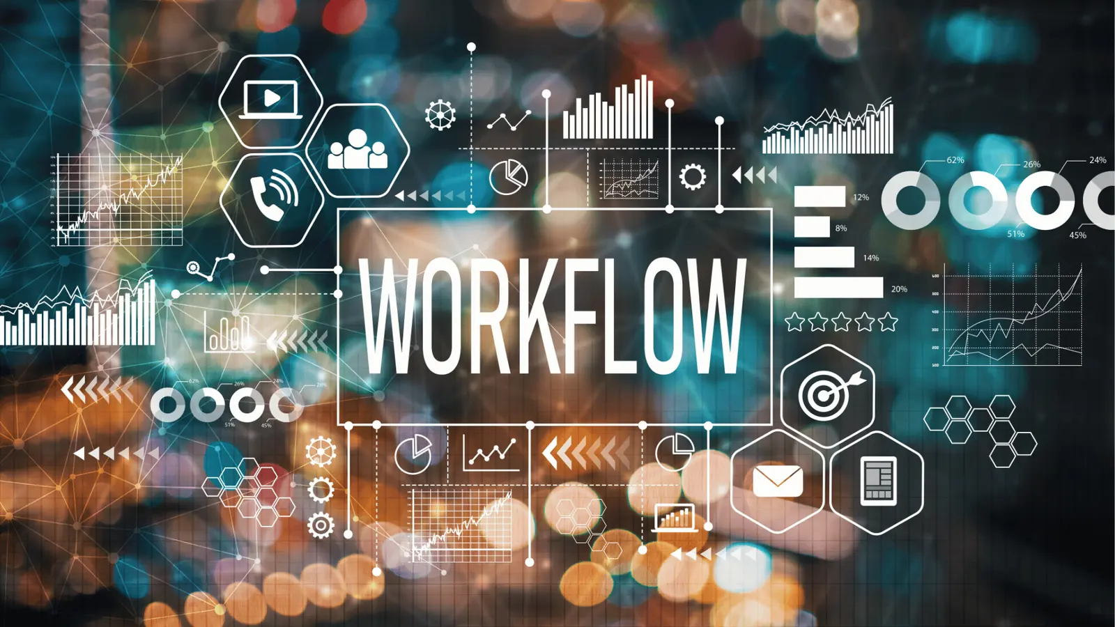 White workflow text and data icons over blurred bokeh city lights background