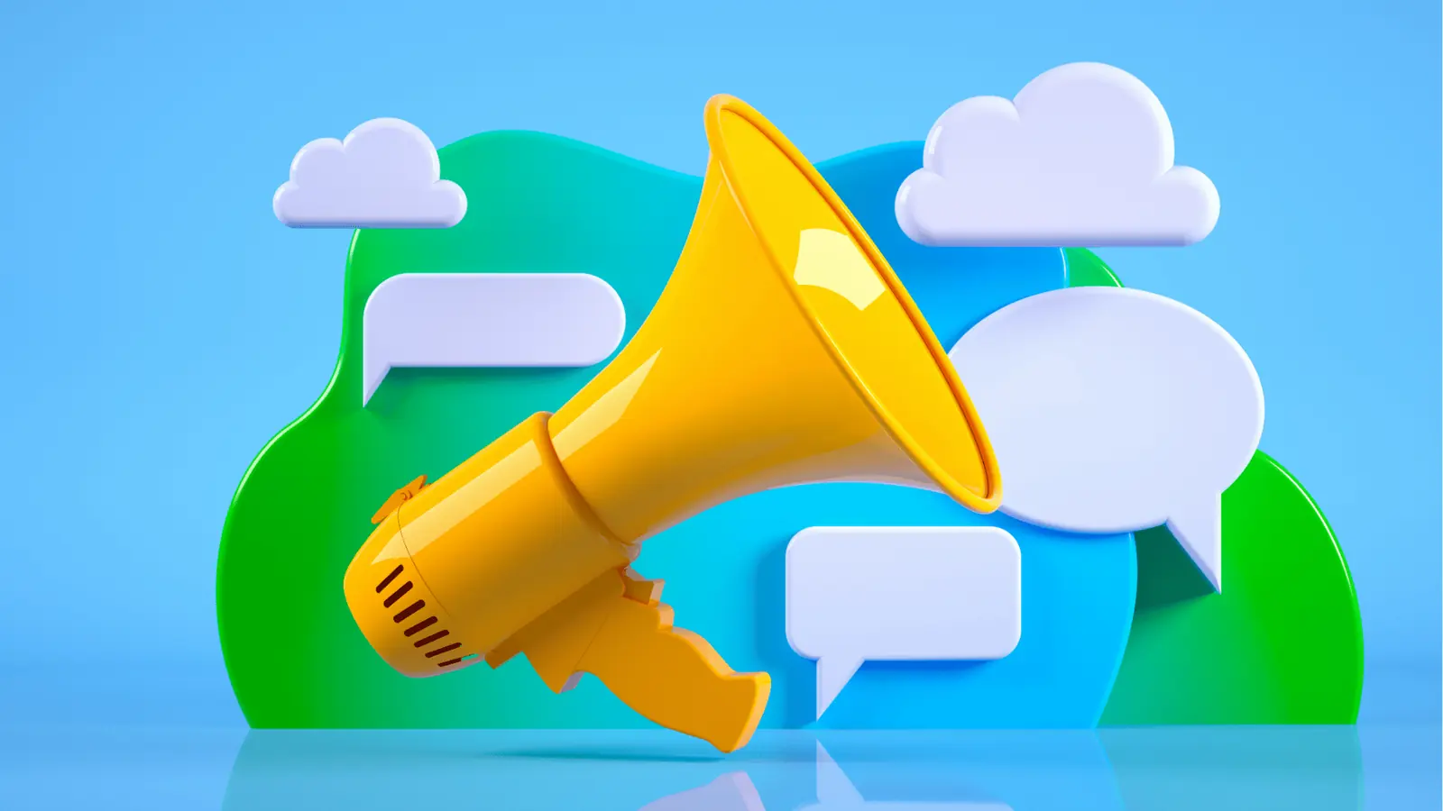 Three-dimensional yellow megaphone in front of speech bubbles and cloud shapes for approval workflow