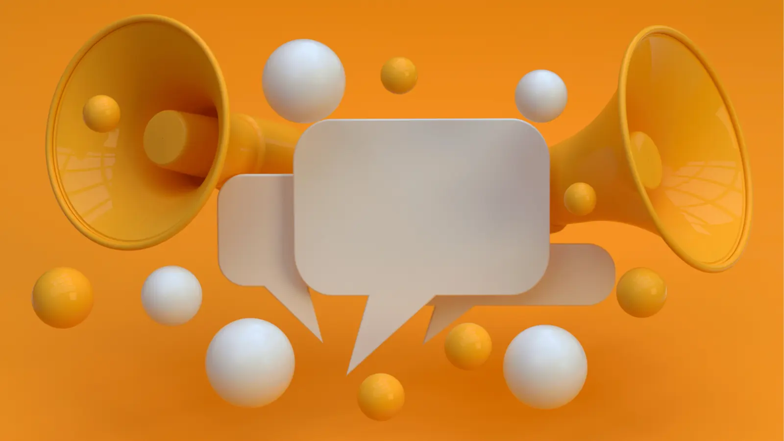 Two yellow megaphones with speech bubbles and floating spheres on orange background for multi-brand management