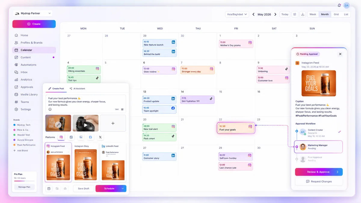 Mydrop social media calendar with scheduled posts organized by brand