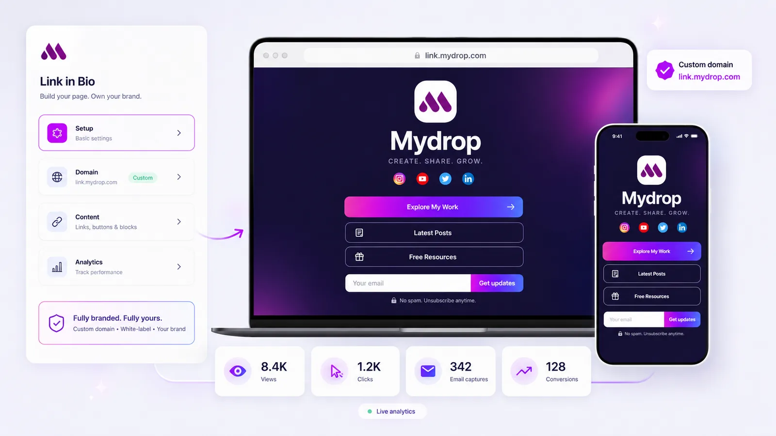 Mydrop Link in Bio feature interface